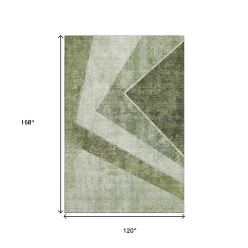 10' X 14' Olive Green Gray And Silver Geometric Washable Area Rug With UV Protection