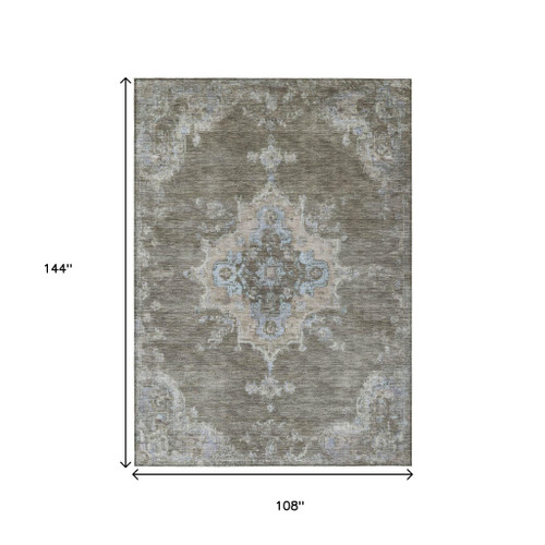 9' X 12' Brown Beige And Blue Medallion Washable Indoor Outdoor Area Rug