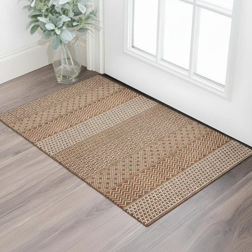 3' X 5' Rust And Ivory Striped Washable Area Rug With UV Protection
