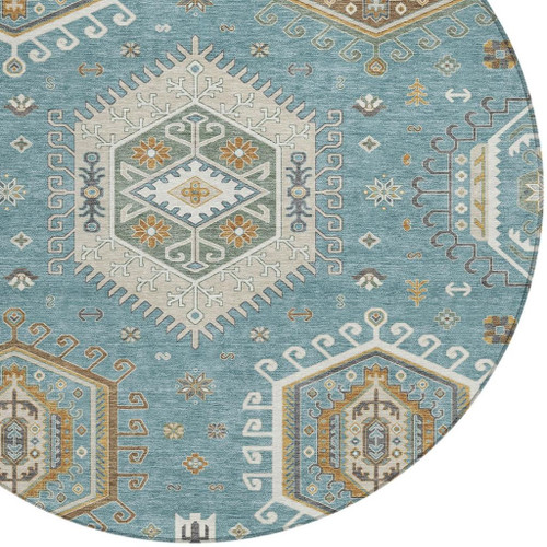 8' Teal Blue And Ivory Round Tribal Washable Indoor Outdoor Area Rug