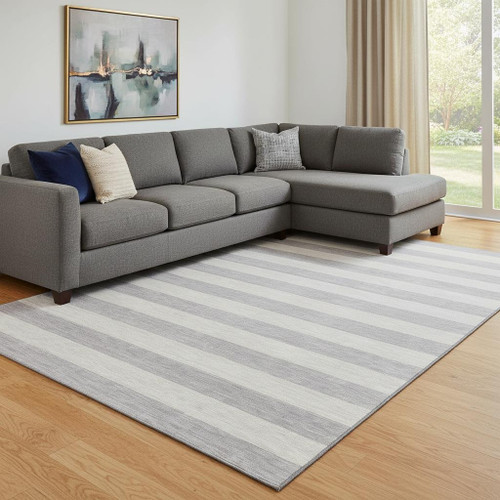 10' X 14' Pewter And Gray Striped Washable Area Rug With UV Protection