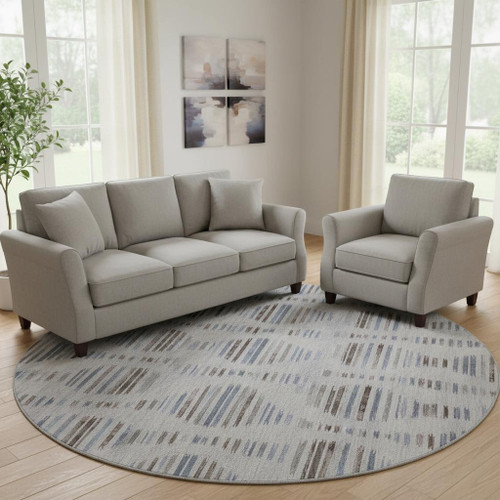 8' Light Taupe And Blue Striped Washable Round Rug With UV Protection