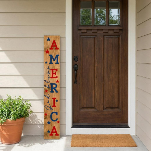 47" Natural Red And Blue Solid Wood God Bless America Porch Sign