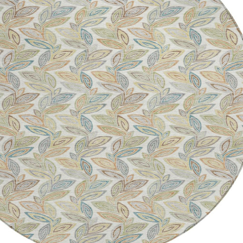 8' Ivory And Beige Round Botanical Leaves Washable Indoor Outdoor Area Rug