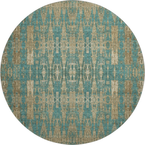 8' Teal And Beige Moroccan Washable Round Rug With UV Protection