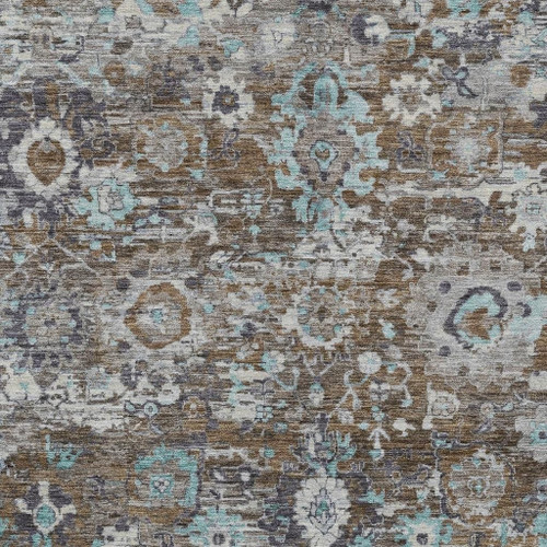 8' X 10' Brown And Teal Blue Floral Washable Indoor Outdoor Area Rug