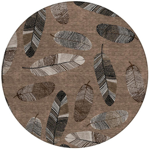 8' Brown And Ivory Round Botanical Leaves Washable Indoor Outdoor Area Rug
