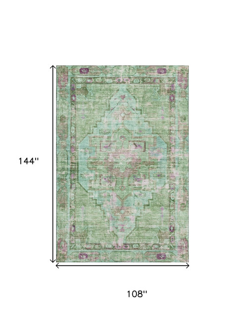 9' X 12' Artichoke Green Lavender And Teal Oriental Washable Area Rug With UV Protection