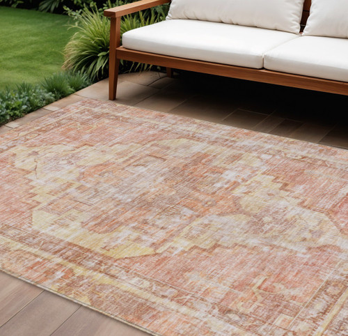 10' X 14' Terra Cotta Ivory And Wheat Oriental Washable Indoor Outdoor Area Rug