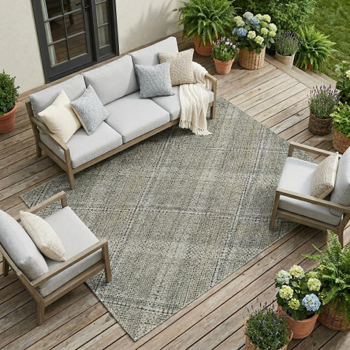 9' X 12' Beige And Brown Plaid Washable Indoor Outdoor Area Rug