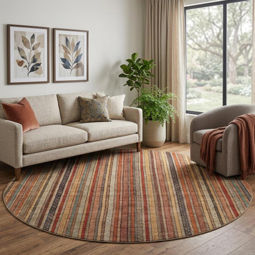 8' Rust Taupe And Gray Striped Washable Round Rug With UV Protection