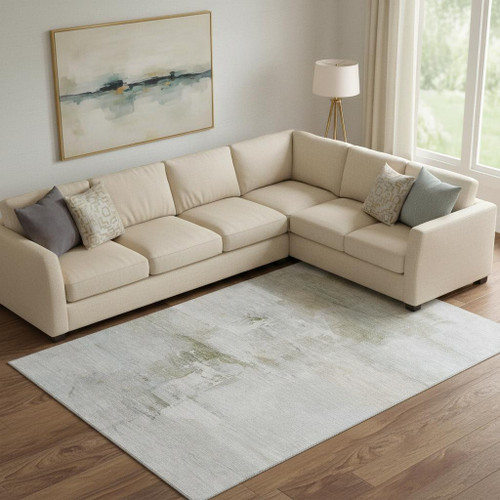 9' X 12' Linen And Ivory Abstract Washable Area Rug With UV Protection