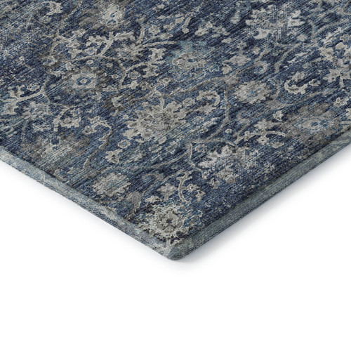 3' X 5' Blue And Gray Floral Medallion Distressed Washable Area Rug With UV Protection