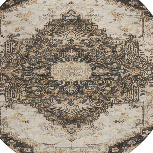 8' Brown And Chocolate Round Floral Medallion Washable Indoor Outdoor Area Rug