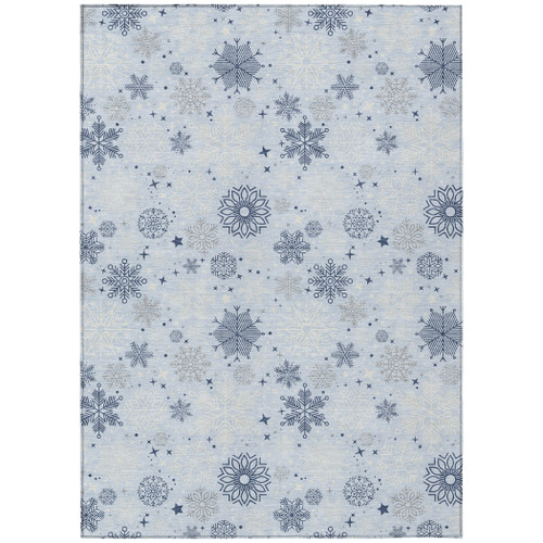 5' X 8' Sky Blue Navy Blue And Ivory Snowflake Washable Indoor Outdoor Area Rug