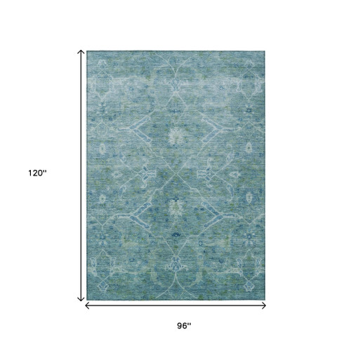 8' X 10' Turquoise And Ivory Floral Washable Indoor Outdoor Area Rug