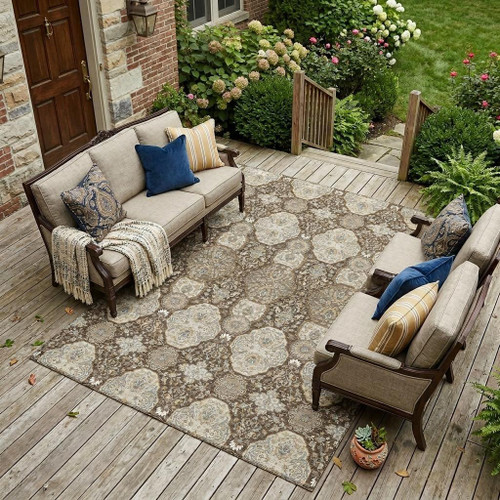 8' X 10' Chocolate And Brown Floral Washable Indoor Outdoor Area Rug