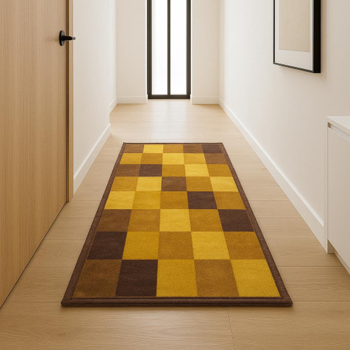 10' Black And Yellow Geometric Washable Runner Rug