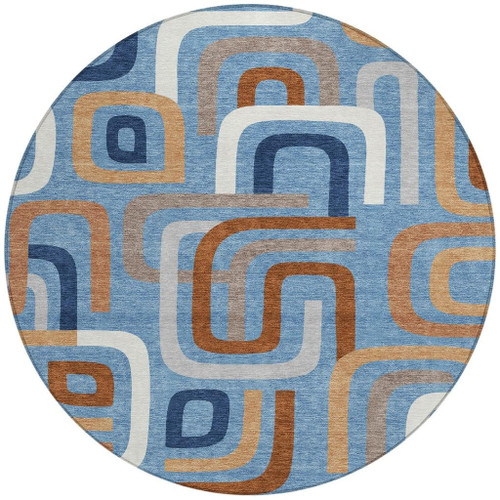 8' Denim Blue And Copper Round Geometric Washable Indoor Outdoor Area Rug