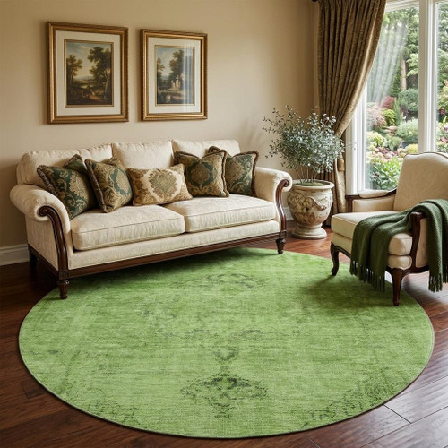 8' Artichoke Green And Gray Oriental Washable Round Rug With UV Protection