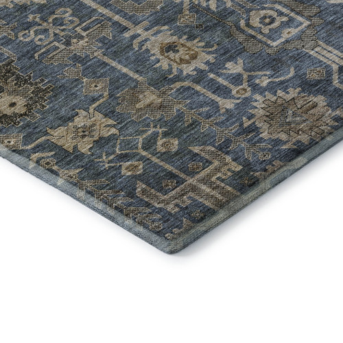 8' Navy Blue Beige And Charcoal Oriental Washable Round Rug With UV Protection