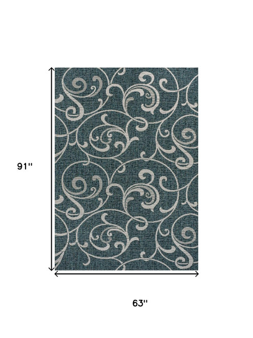 5' X 8' Turquoise And Cream Floral Indoor Outdoor Area Rug