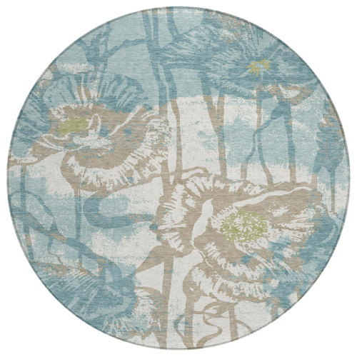 8' Teal Blue And Silver Round Floral Washable Indoor Outdoor Area Rug