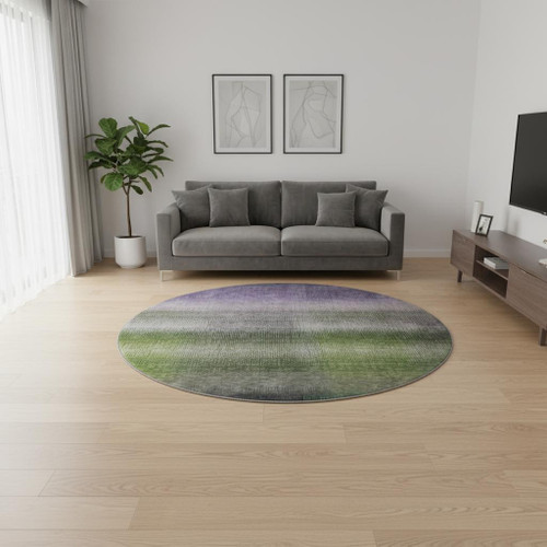 8' Olive Green Purple And Gray Striped Washable Round Rug With UV Protection