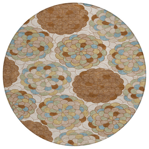 8' Orange And Rust Round Floral Washable Indoor Outdoor Area Rug