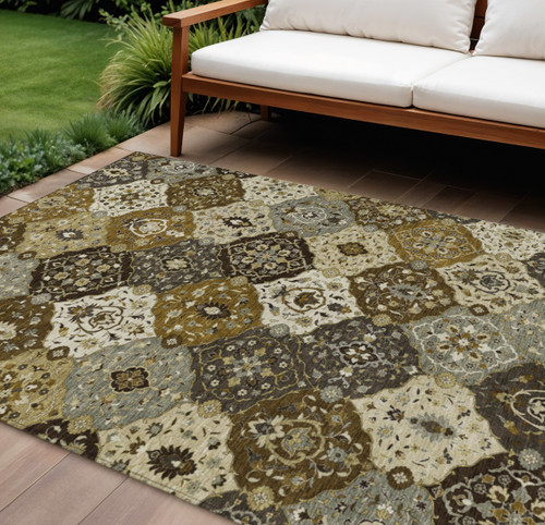 10' X 14' Brown Gray And Gold Floral Medallion Washable Indoor Outdoor Area Rug