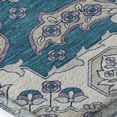10' X 14' Teal And Ivory Floral Medallion Washable Area Rug With UV Protection