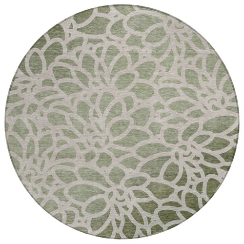 8' Lime Green And Beige Round Botanical Leaves Washable Indoor Outdoor Area Rug