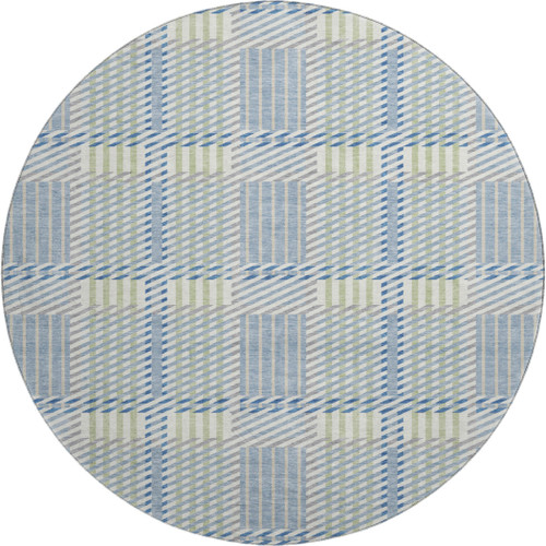 8' Denim Blue Ivory And Gray Plaid Washable Round Rug With UV Protection