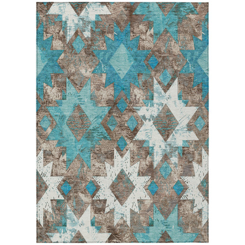 8' X 10' Teal Blue Brown And Ivory Aztec Washable Indoor Outdoor Area Rug