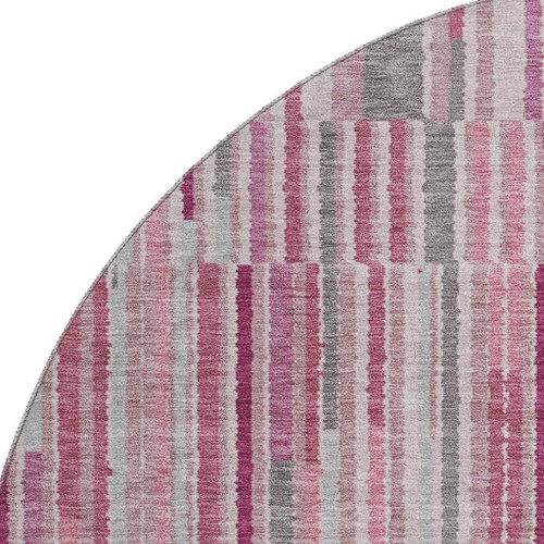 8' Blush And Silver Striped Washable Round Rug With UV Protection