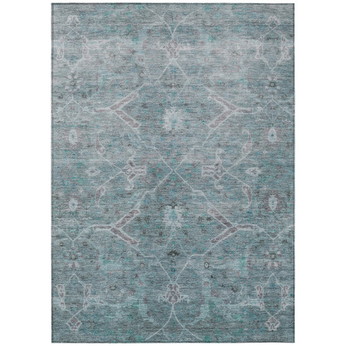 9' X 12' Teal Blue And Gray Floral Washable Indoor Outdoor Area Rug