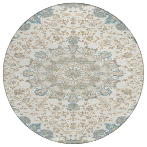 8' Ivory And Gray Round Floral Medallion Washable Indoor Outdoor Area Rug