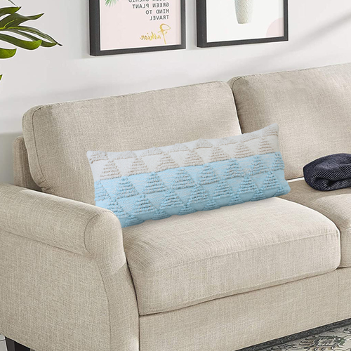14" X 36" Blue And White Lumbar Geometric Cotton Throw Pillow Cover with Texture
