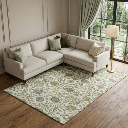 9' X 12' Ivory Fern Green And Beige Floral Washable Area Rug With UV Protection