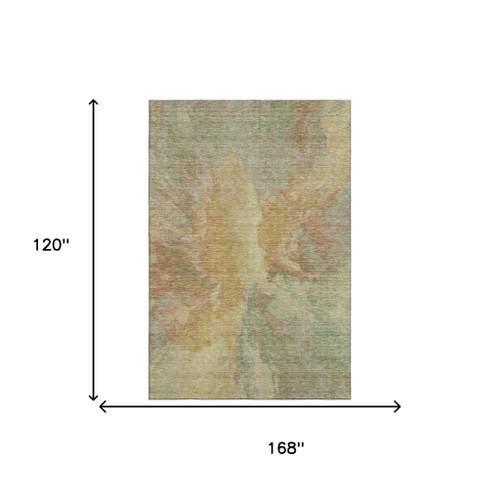 10' X 14' Artichoke Green Gold And Copper Abstract Washable Area Rug With UV Protection