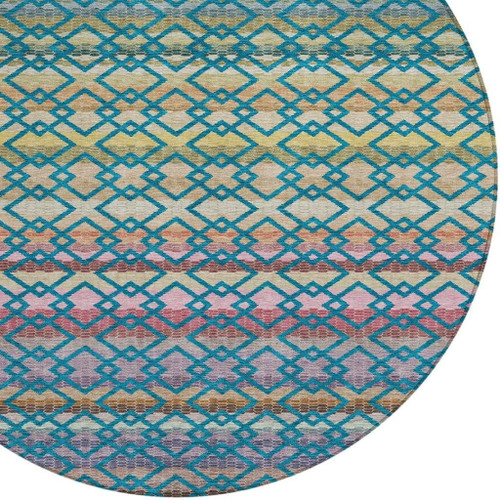 8' Teal Blue And Ivory Round Striped Washable Indoor Outdoor Area Rug
