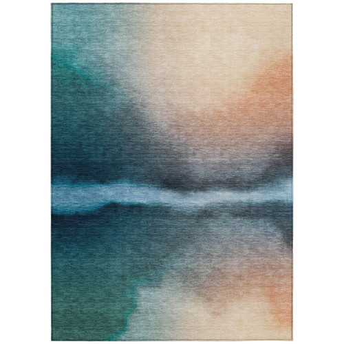 3' X 5' Teal Blue Salmon And Ivory Abstract Washable Indoor Outdoor Area Rug