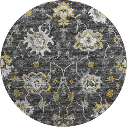 8' Graphite Ivory And Gold Floral Medallion Distressed Washable Round Rug With UV Protection