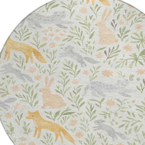 8' Ivory And Pink Round Botanical Leaves Washable Indoor Outdoor Area Rug