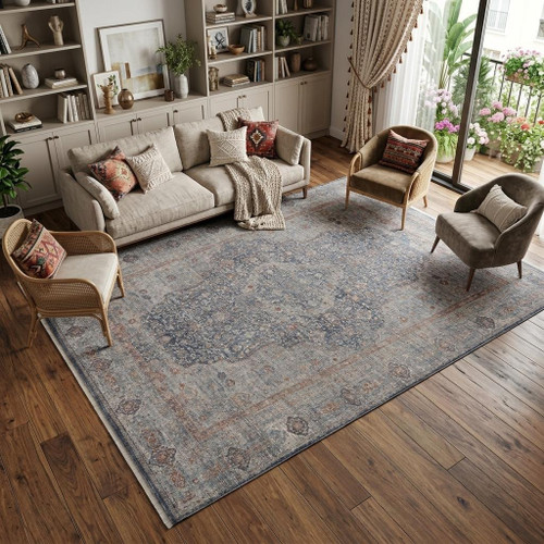12' X 15' Gray Blue and Red Oriental Power Loom Worn Faded Area Rug With Fringe