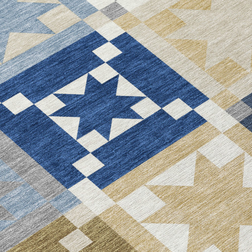 8' Navy Blue And Brown Round Patchwork Washable Indoor Outdoor Area Rug