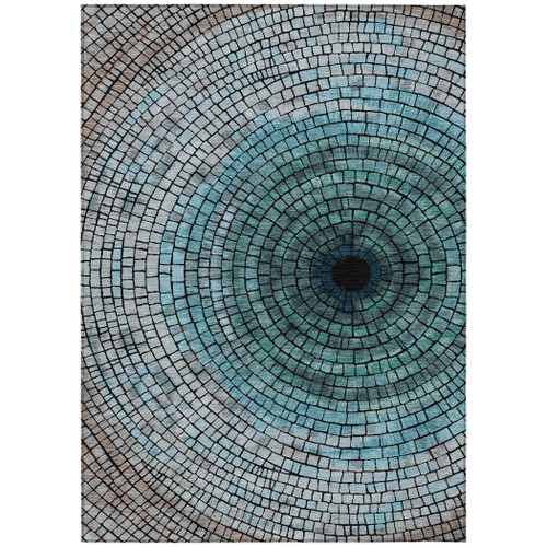 5' X 8' Teal Blue And Gray Geometric Washable Indoor Outdoor Area Rug