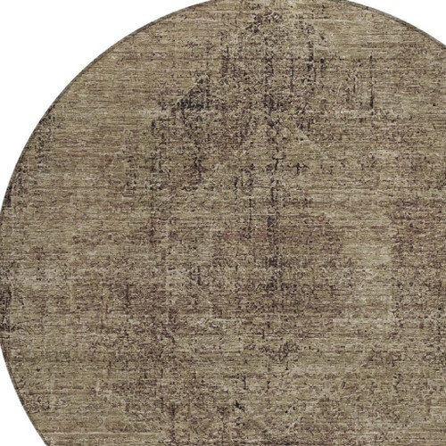 8' Brown And Taupe Round Oriental Washable Indoor Outdoor Area Rug