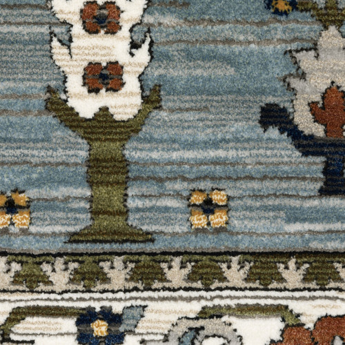 7' X 10' Green And Ivory Floral Area Rug With Fringe