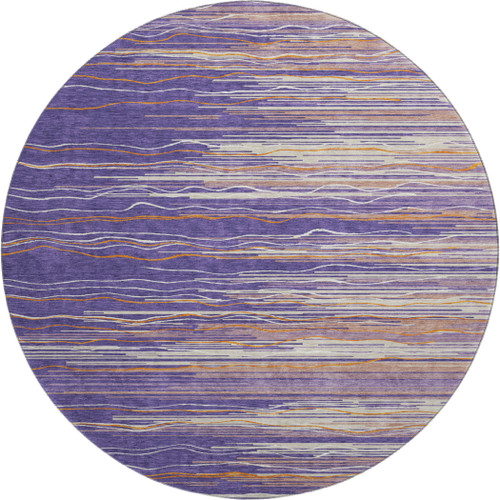 8' Purple Orange And Ivory Striped Washable Round Rug With UV Protection